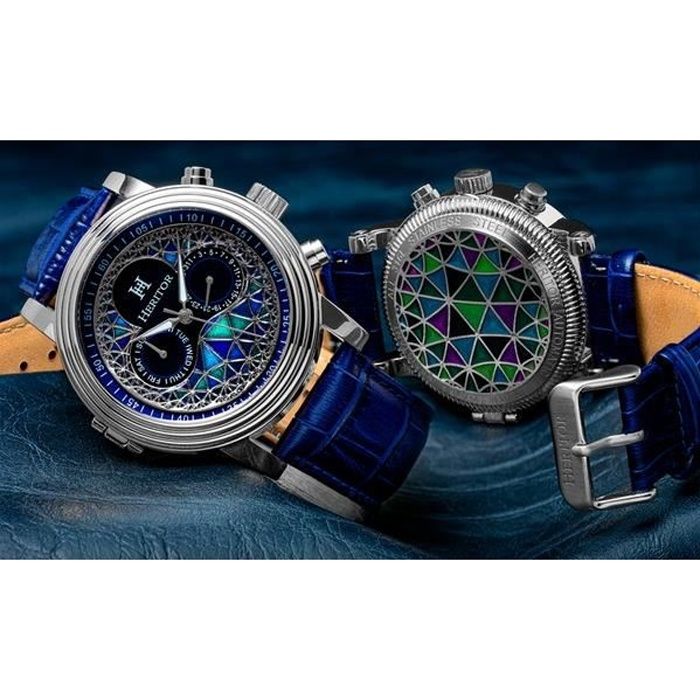 HERITOR MONTRE 316L bracelet cuir véritable bleu