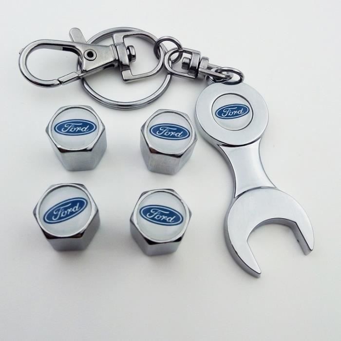4*Bouchon de valves + Porte-clés ( Chrome ) Blanc logo pour Ford