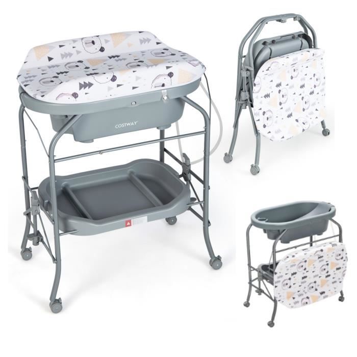 COSTWAY Table à Langer Bébé avec Baignoire 20L Pliante 4 en 1 Plan à Langer Coussin en PVC 4 Roues Universelles 35 Kg 0-12 Mois Gris