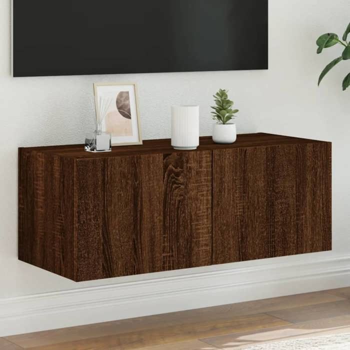 vidaXL Meuble TV Mural avec Lumières LED Armoire de Télévision Suspendue Meuble Télé Flottant Moderne Chêne Marron Bois 837293