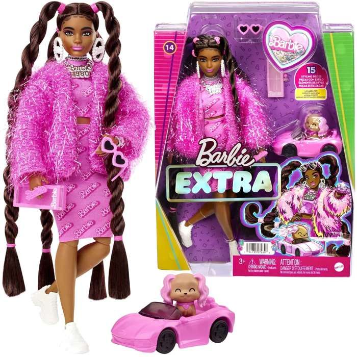 Poupée Barbie Extra avec accessoires + chien en rose convertible
