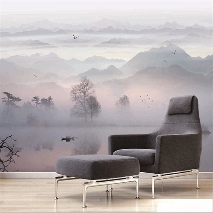 Papier Peint 3D Montagne Bleu-vert - Autocollant Mural Amovible, Déco Nature Luna