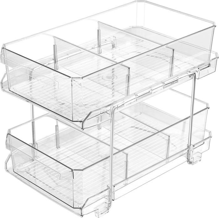 Nroech Organiseur de salle de bain, étagère de comptoir à 2 niveaux avec panier, plateau en bois pour organisateur de coiffeuse de cuisine