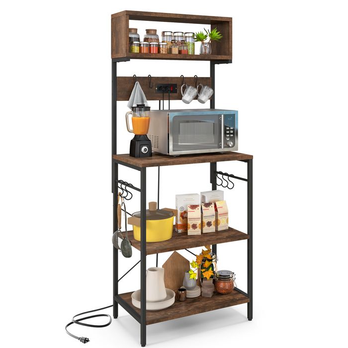 Support pour Micro-ondes à 5 Niveaux H 153 cm COSTWAY Prise de Courant Buffet de Cuisine avec Etagères Ouvertes 10 Crochets