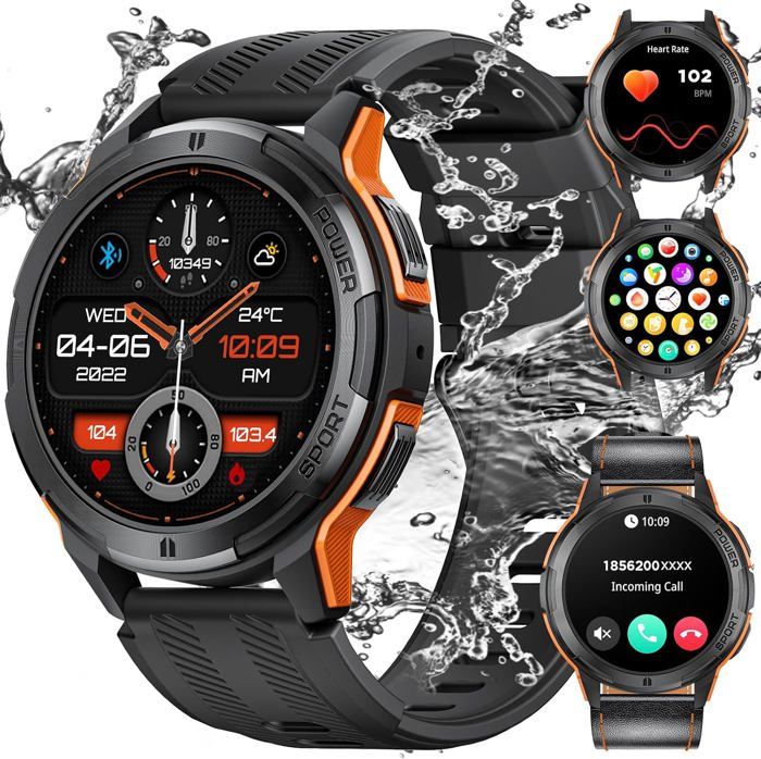 Montre Connectée Homme Militaire 1.43'' - Appels Bluetooth, Batterie 500mAh, Étanche IP68, Fréquence Cardiaque, 100+ Sports