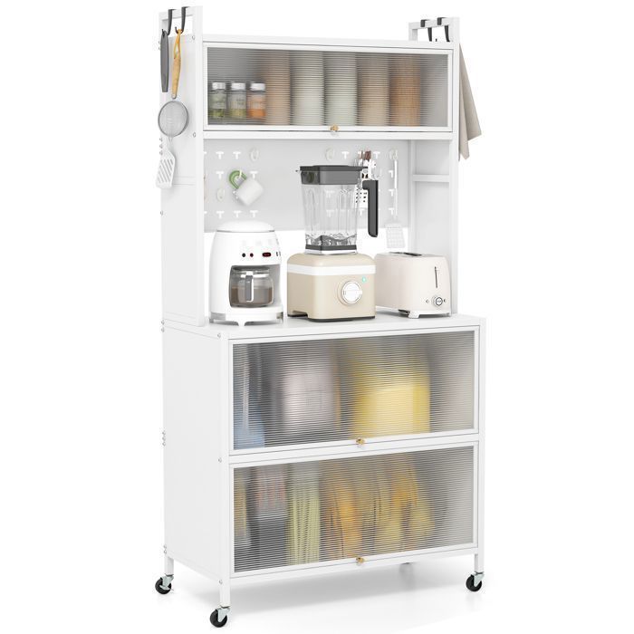 Buffet de Cuisine à 5 Niveaux COSTWAY Support Micro-ondes à Roues avec Portes Crochets Pieds Ajustables Blanc