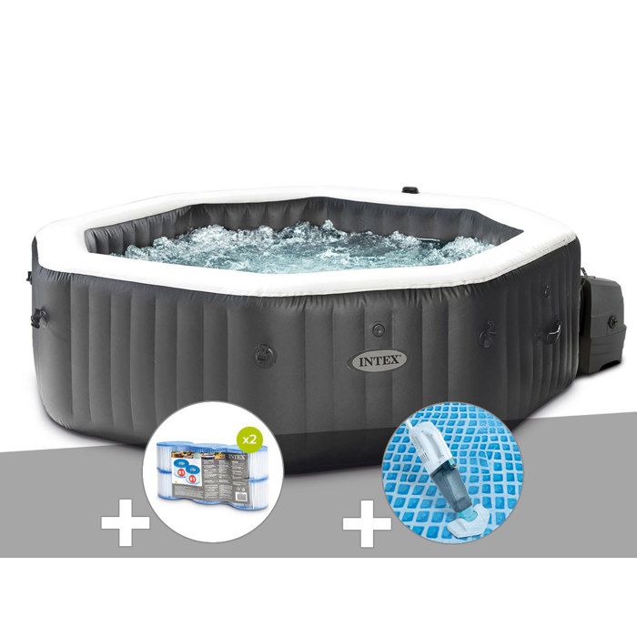 Intex Kit spa gonflable PureSpa Carbone octogonal Bulles et Jets 4 places + 12 filtres + Aspirateur