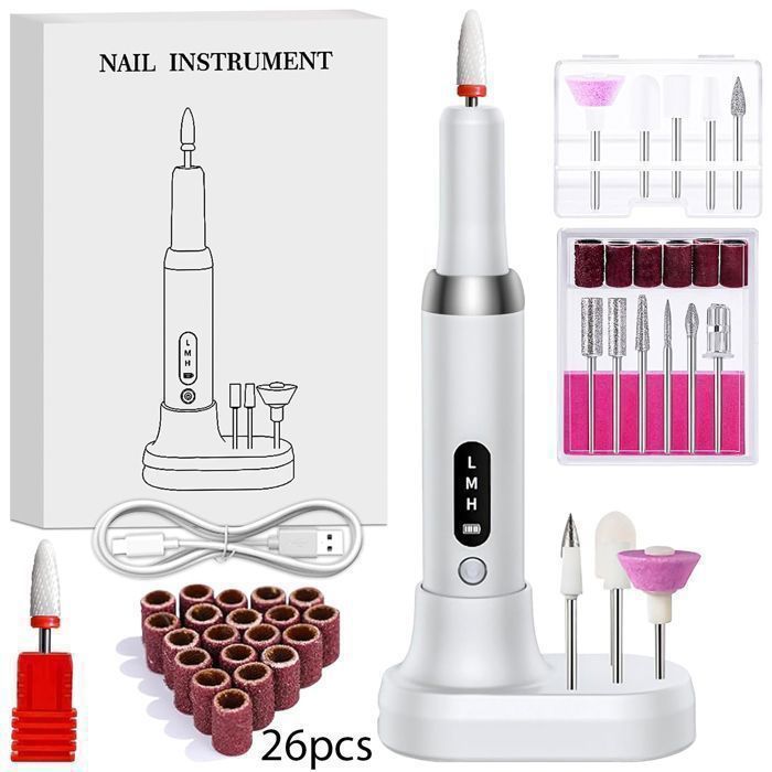 Ponceuse à ongles électrique sans fil rechargeable 3 vitesses 15 000 tr/min 26 Embouts Ponçages Direction réversible
