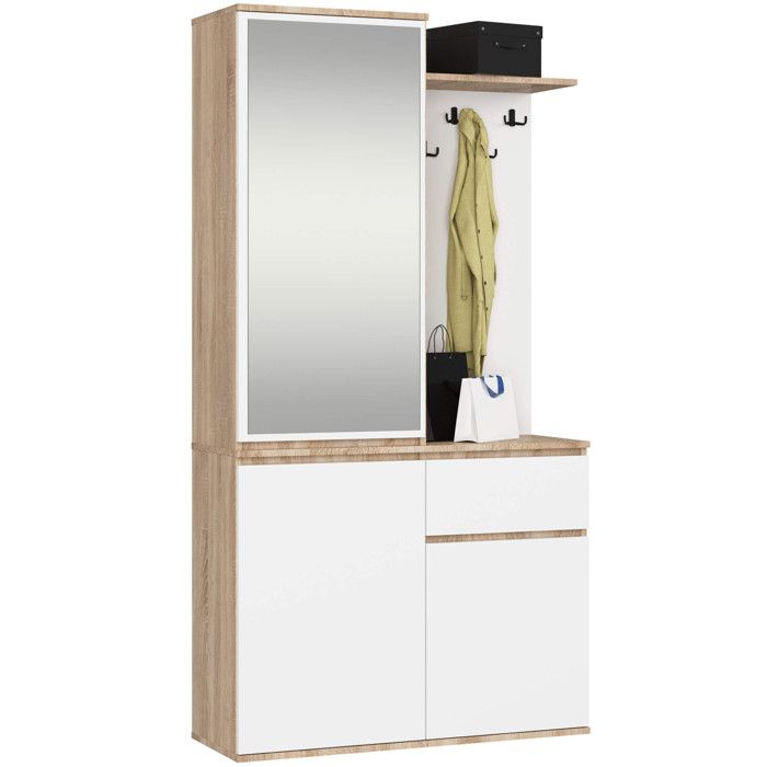 Ensemble de meubles dentrée ENTRO Chêne Sonoma Blanc avec armoire et miroir 95 cm 3 portes 1 tiroir 7 étagères 95x35x183 cm Ensemble de meubles dentrée ENTRO Chêne Sonoma Blanc avec armoire et miroir 95 cm 3 portes 1 tiroir 7 étagères 95x35x183 cm