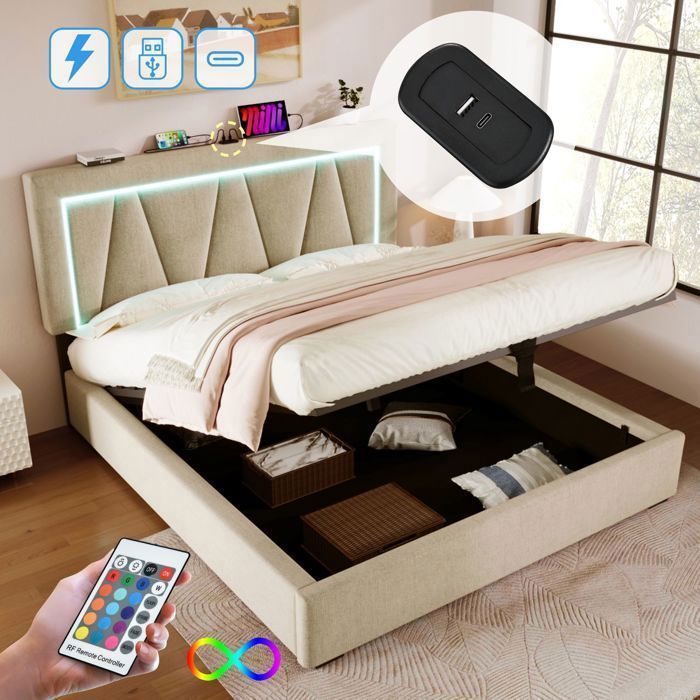 Lit coffre - SOGEU - 160x200 - Tête de lit réglable - LED multicolore - USB/Type‑C - Sommier inclus