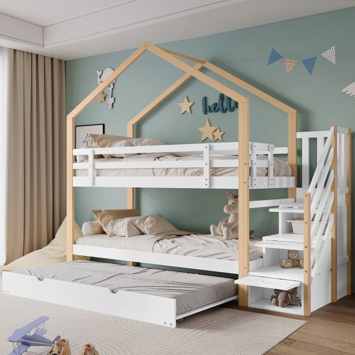 Lits superposés lit Treehouse extensible lit coulissant escalier avec 4 tiroirs lit denfant avec protection contre les chutes