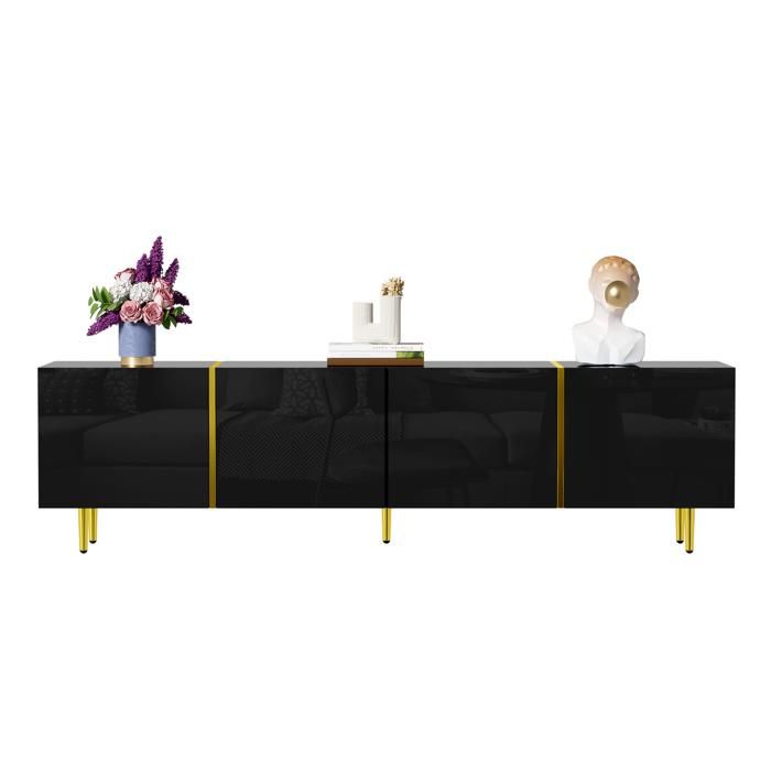 Meuble TV design moderne épuré brillant 4 portes avec rangement noir et ...
