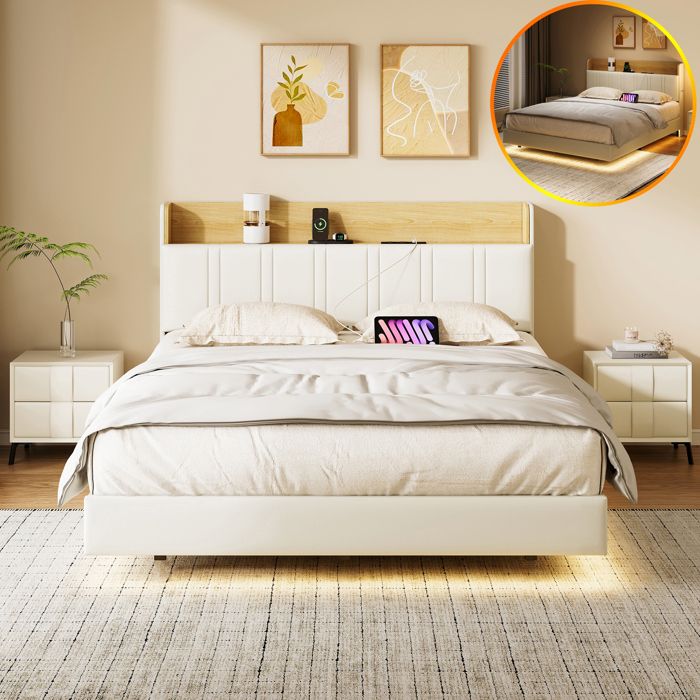 Lit 140 x 200CM avec LED et 2 Prises & 2 Ports USBTête de lit Rembourrée avec Rangement Effet FlottantTissu en PU Blanc