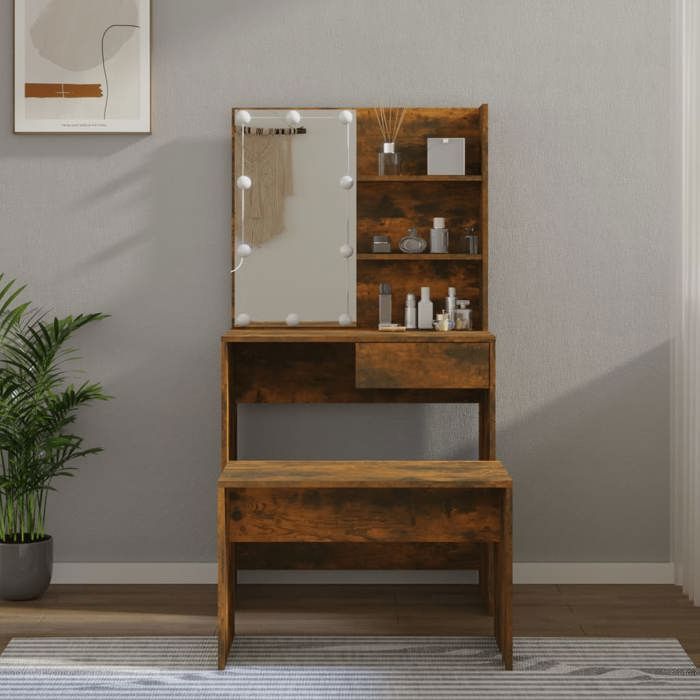Ensemble de coiffeuse avec LED - vidaXL - Chêne fumé - Bois dingénierie - 745 x 40 x 141 cm - Tabouret inclus