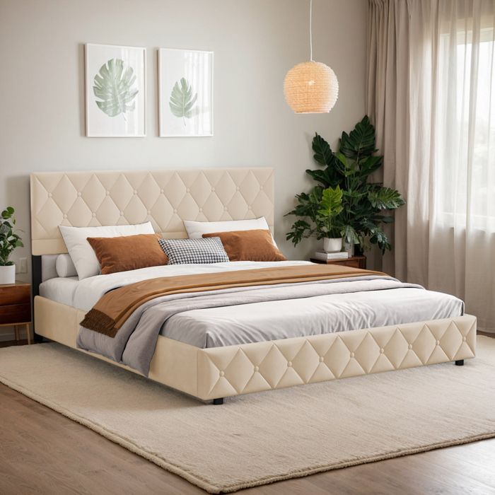 Lit capitonné 90x190 cm avec sommier à lattes et tête de lit réglable - Maisentiel - Velours beige - Inox