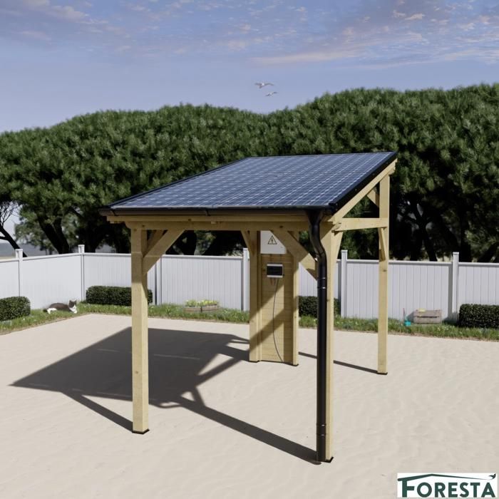 Carport Wattoit mono pente épicéa massif non traité / 4 panneaux photovoltaïques 2 kwc / poteaux section 120 x 120 mm / Surface 8 89 m2 - vue 2