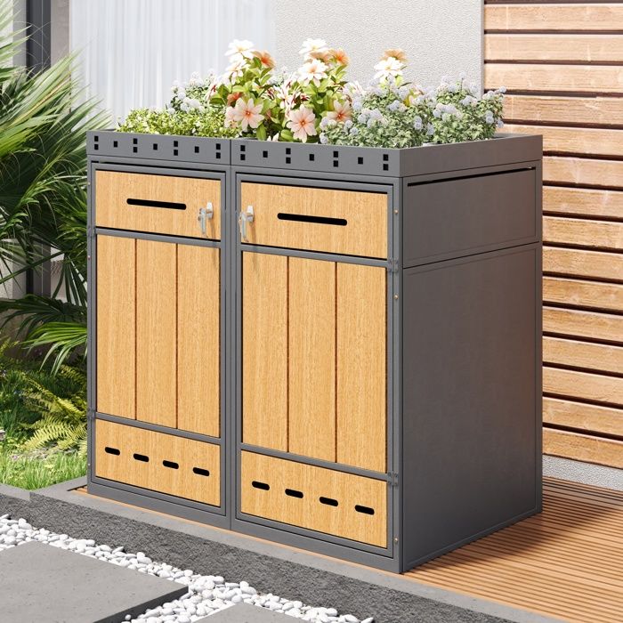 Abri Cache Poubelles pour 2 poubelles 120-240 L avec bac à plantes Porte Verrouillable Métal Gris + Bois