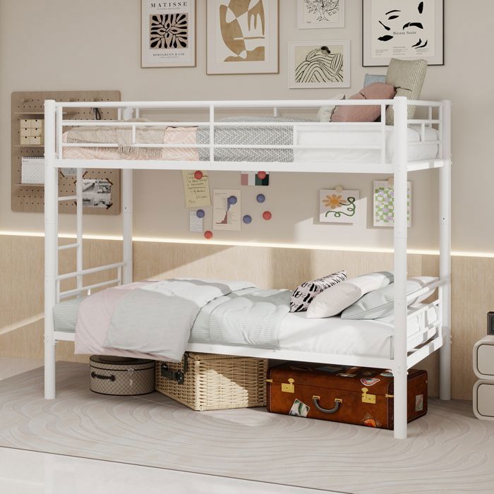 Lit superposé enfant 2x90x190cmlit mezzanine avec garde-corps convertible en deux litslit double sommier à lattesmétalblanc