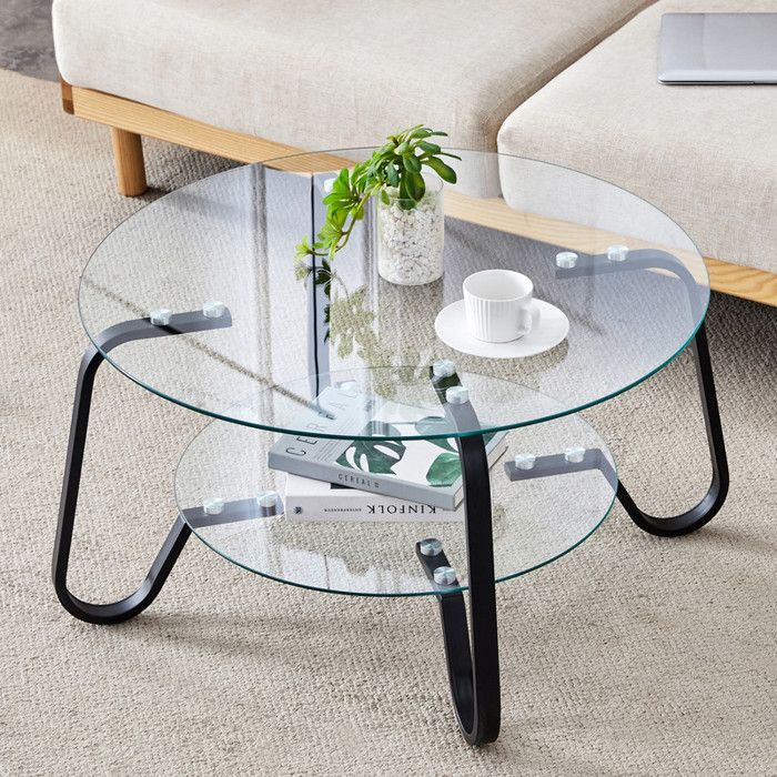 Table basse ronde BELLEMAVE - Verre trempé double couche structure en métal noir style rétro minimaliste pour salon