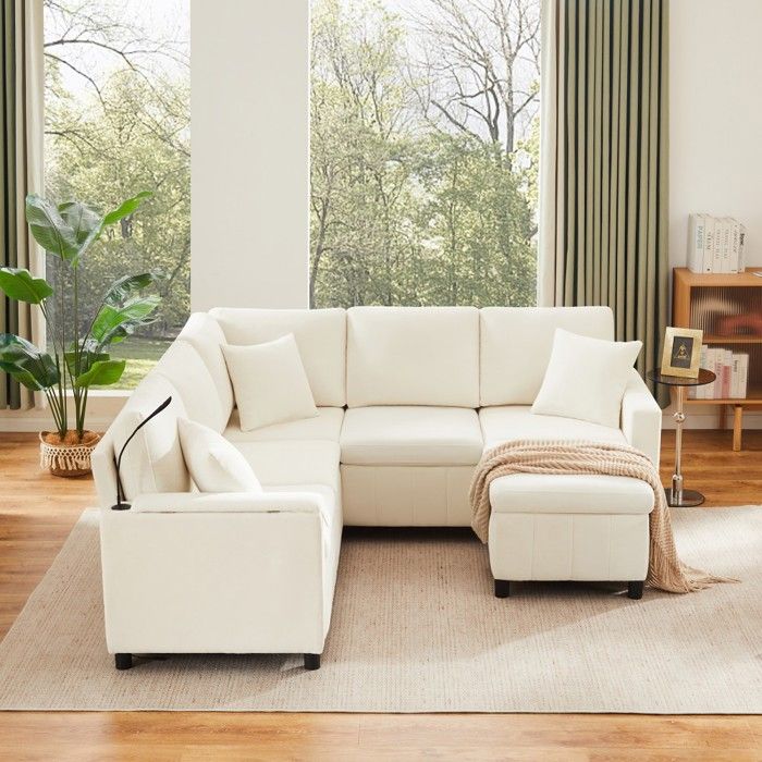 Canapé dangle convertible chenille beige 205x205x85 cm lit pouf USB lampe tablette table basse porte-gobelets salon fonctionnel