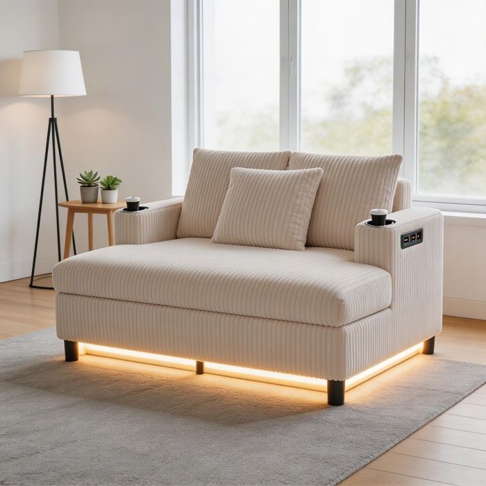 Fauteuil relax surdimensionné 1 place - W2845P318132 - Velours côtelé beige - Bande LED multicolore - Ports USB et porte-gobelet