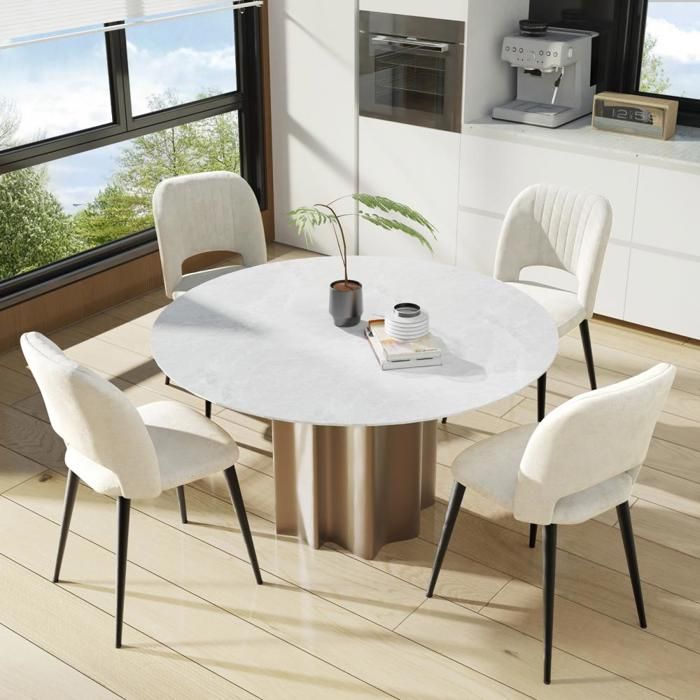 Lot de 4 Chaises de Salle à Manger Scandinave Avec Siège Rrembourrée en Tissu Velours Beige Dossier avec Découpe 45x48x85cm