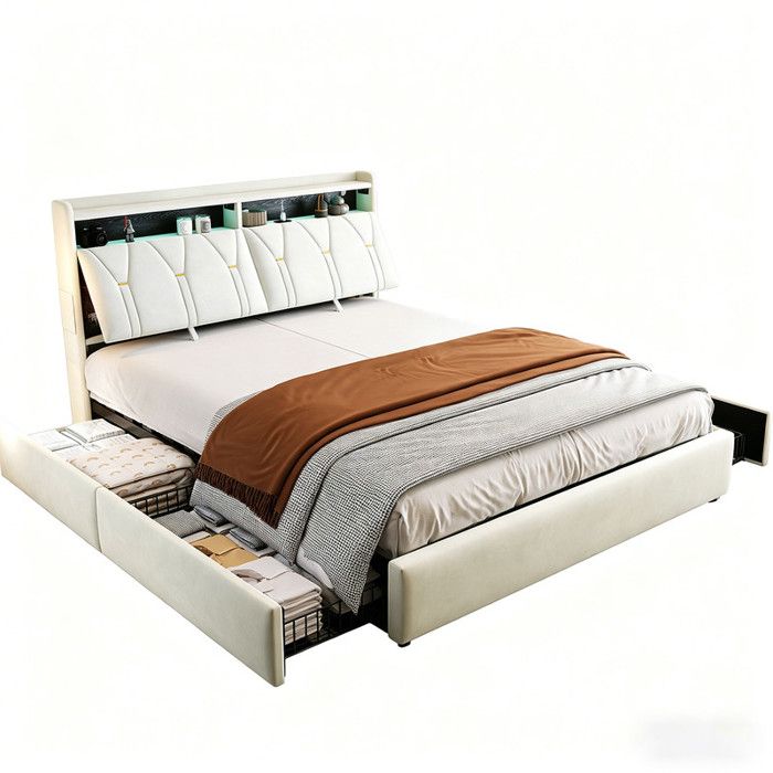 Lit Double 160x200 avec 4 Tiroirs LED USB Tete de Lit avec Rangement et Sommier Lit Coffre lit rembourré Zqoyn