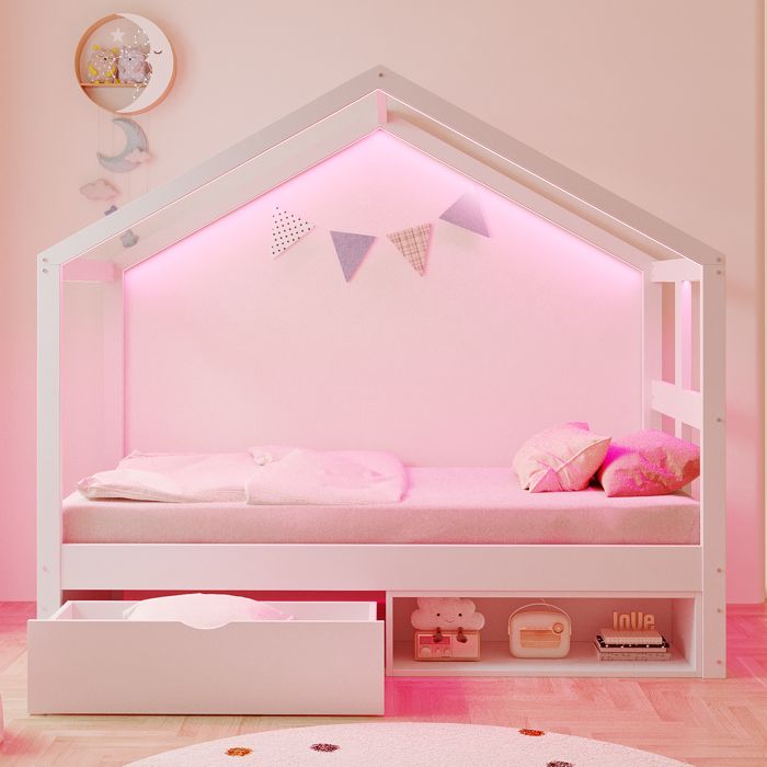 Lit cabane enfant 90x190cm avec éclairage LED tiroirs et meuble à chaussures Forme de maison cadre de lit en pin (sans matelas)