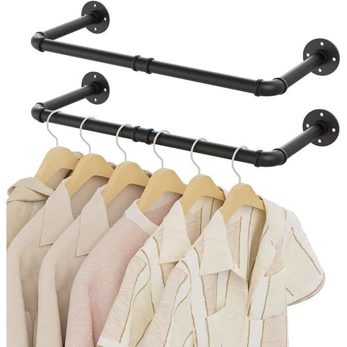 Tringle Vetement Murale Penderie Murale 64cm Barre Dressing Industriel Portant pour Salon Chambre Noir 64cm (2-Pack)
