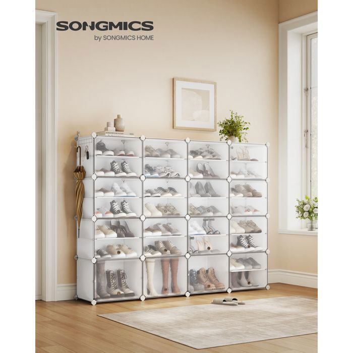 Meuble à Chaussures Modulable pour Vestiaire Entrée 16 Compartiments pour 64 Paires Blanc et Transparent