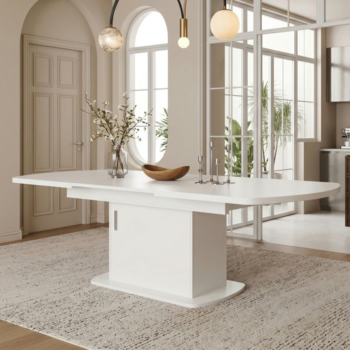 Table à manger extensible ovale 140-200x80x75 cm avec rangement gain de place style moderne pour 6 à 8 personnes blanc