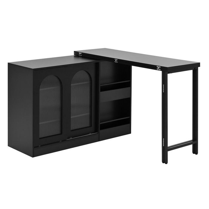 Table de bar moderne extensible - Rotative 360° avec rangement - Porte en verre - Réversible - Noir- Pour cuisine café ou buffet