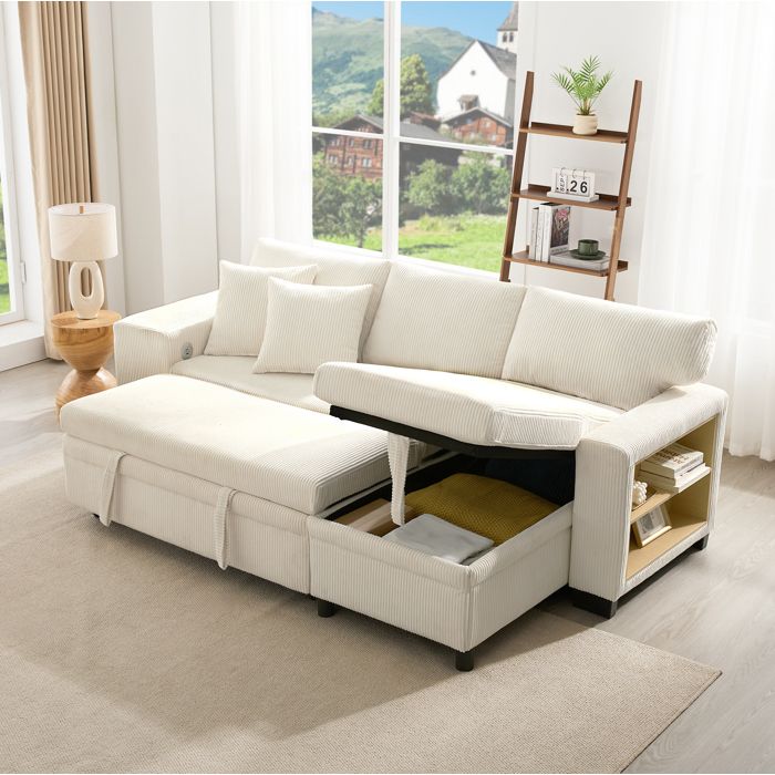 Klappsofa mit Schlaffunktion L-förmig 3-Sitzer Ecksofa mit USB-Ladeanschluss und Stauraum