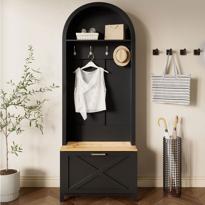WOVREO Vestiaire d’entrée avec meuble à chaussures étagère et crochets 75 x 35 x 195 cm MDF noir et bois