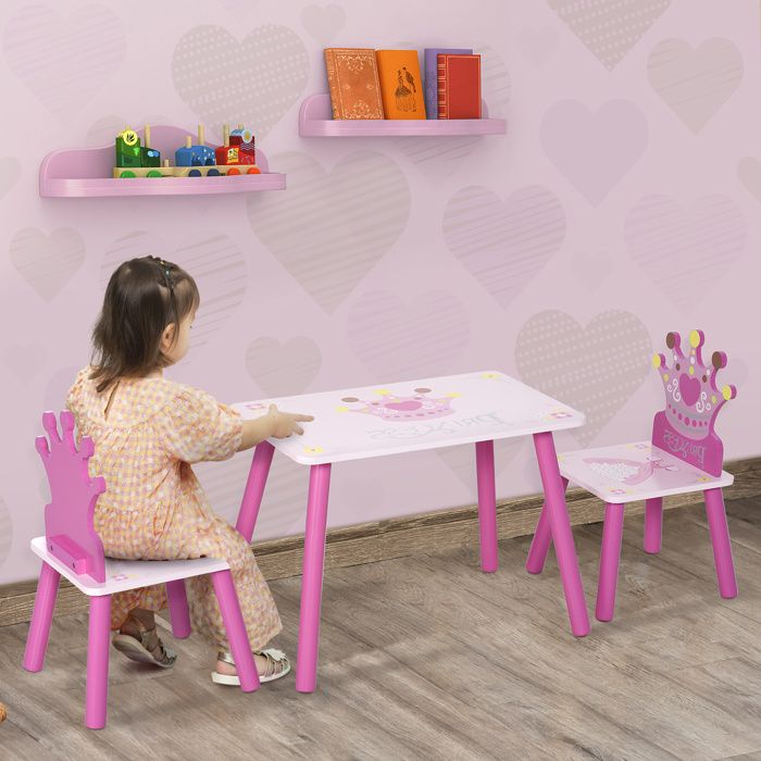 Ensemble table et 2 chaises enfants en bois table 55 x 34 x 42 cm chaises 28 x 26 x 50 cm rose 2-4 ans