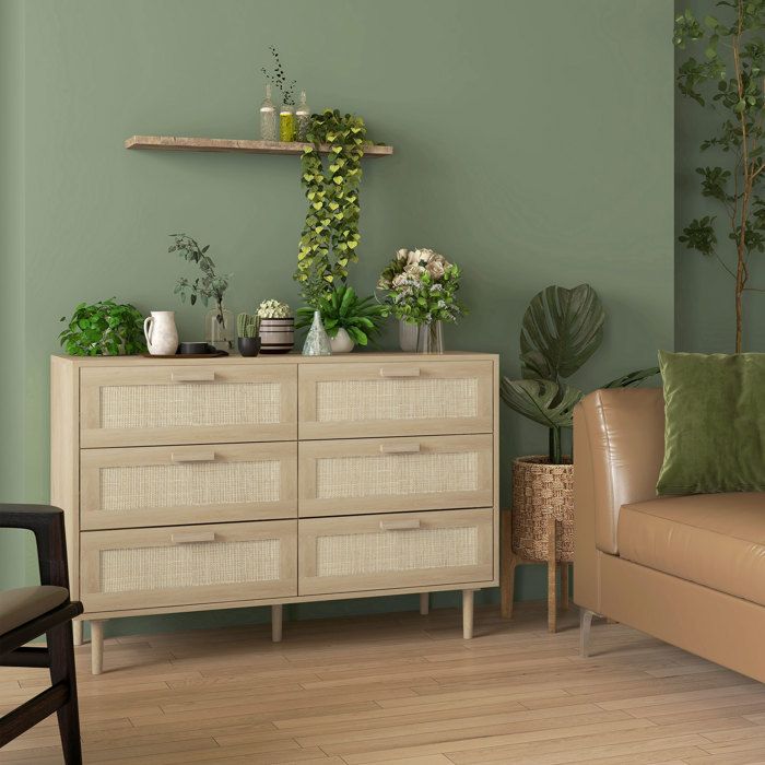 Commode - 6 tiroirs façade rotin - Mélamine aspect chêne - Pieds pin naturel - 110 x 40 x 75 cm