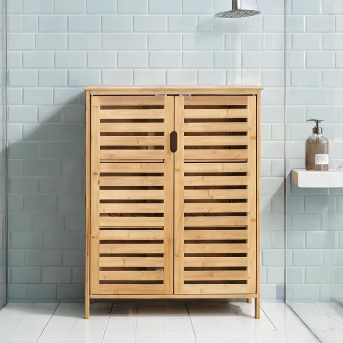 Armoire de rangement pour salle de bain en bambou naturel toned avec portes à lamelles 2 étagères 68 x 32 x 86 cm