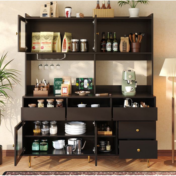 MEULVA Buffet haut 145 x 39 x 171 cm en MDF noir et or portes vitrées striées 5 tiroirs range-verres