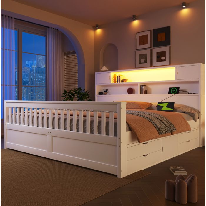 MEUBLIV Lit plateforme 180 x 200 cm blanc avec tête de lit bibliothèque LED USB et 4 tiroirs