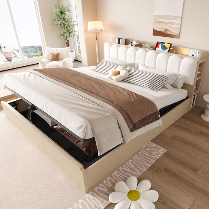 WUVRIE Lit coffre hydraulique 180 x 200 cm en bois tête de lit rembourrée USB intégré bois naturel