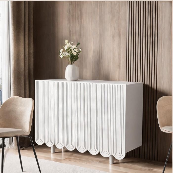 Enfilade MDF blanc classique 4 portes sculptées goutte 120x37.5x80.8 po charnières amorties style contemporain