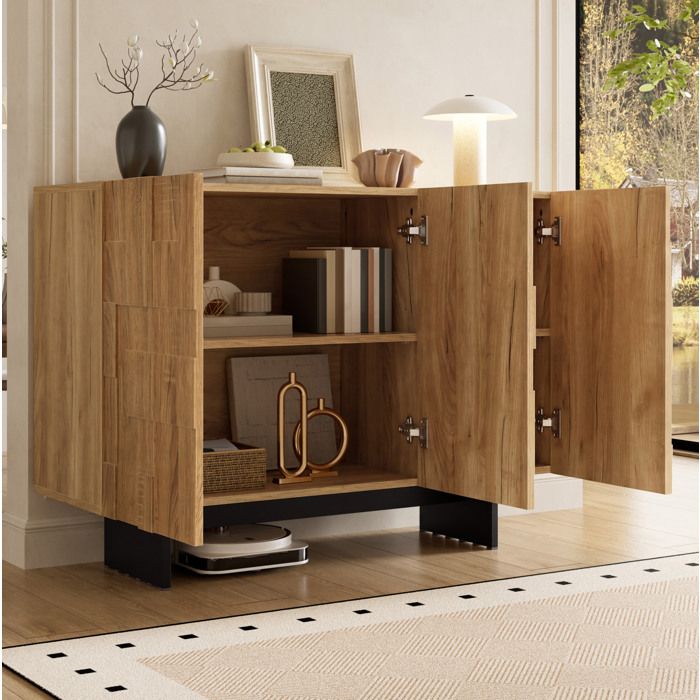 Buffet bas 3 portes EVRYAE 105 x 335 x 76 cm avec etageres reglables facade geometrique 3D naturel et noir