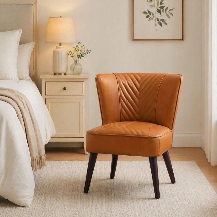 Fauteuil Lounge 1 Place Sans Accoudoirs Dossier Haut - MODENVIE - Surpiqures Diagonales Cuir Veritable Marron Clair