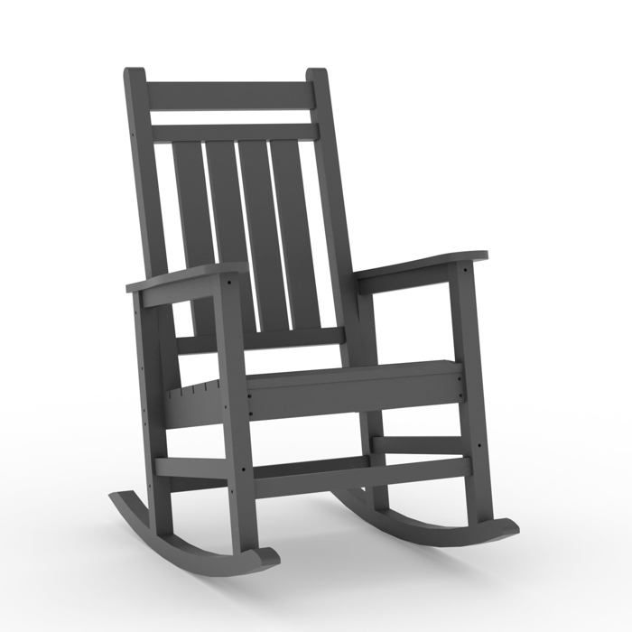 Grand fauteuil à bascule extérieur gris en HDPE plastique tous temps haut dossier chaise robuste pour porche terrasse