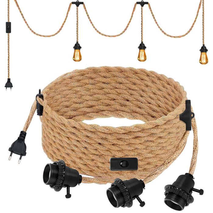 Douille E27 avec Câble 6.8m en Corde de Chanvre Tressée Vintage et Interrupteur Suspension Douille E27 Corde pour DIY Lampe Suspe