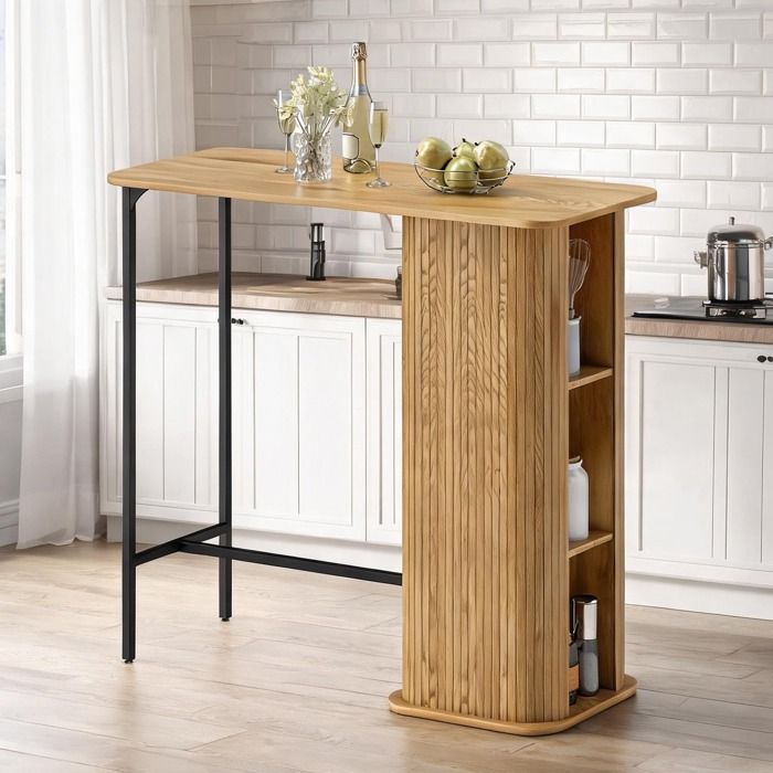 Table de bar mange debout 112x50x106 cm avec 3 étagères panneau de particules bois naturel et pieds métal