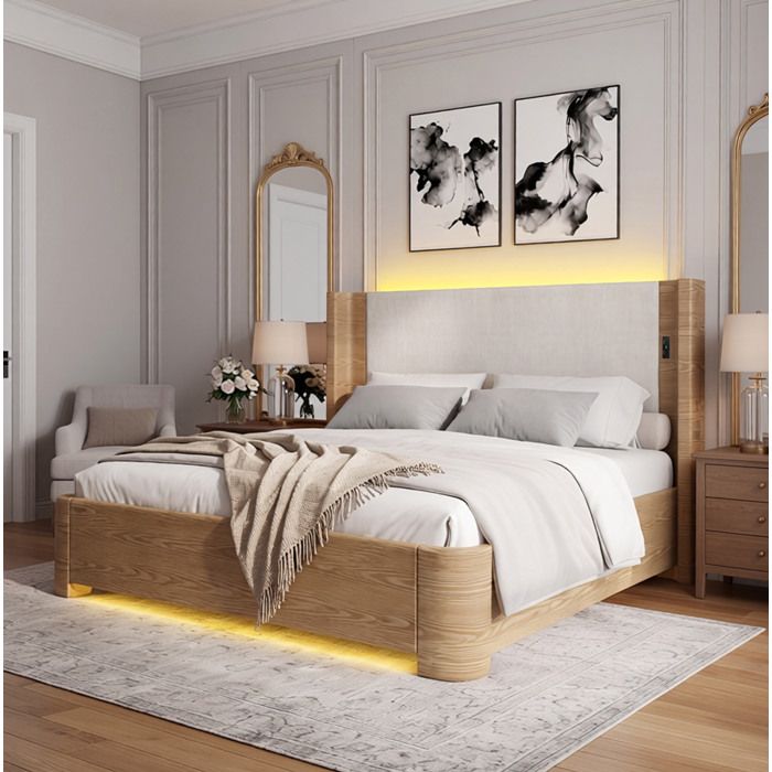 Lit Coffre Double En Velours Beige 180x200cm Cadre De Lit LED Moderne FloraGrace Pour Chambre Verin Hydraulique 750 N 180x200cm