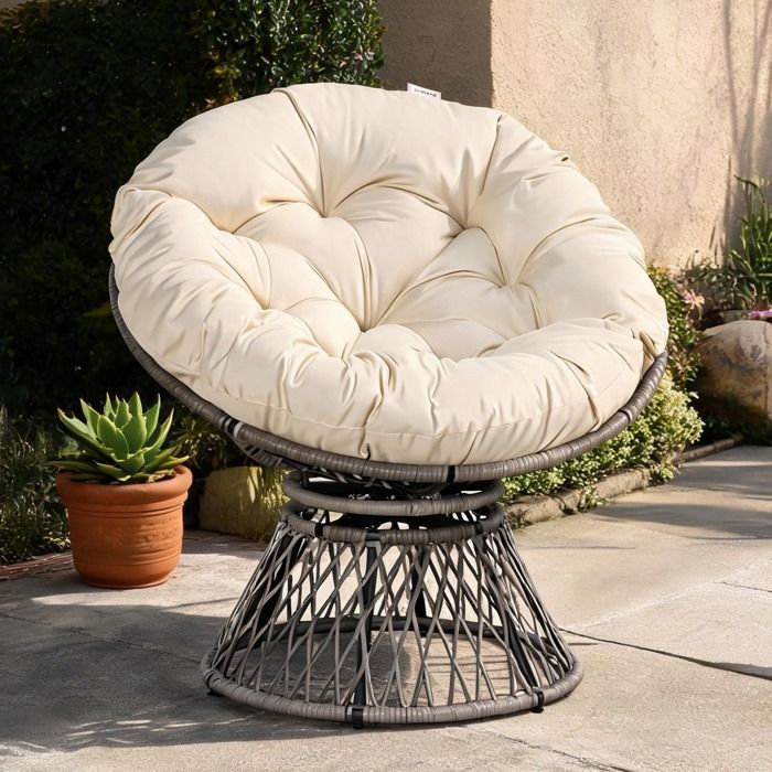 Fauteuil de jardin pivotant rond en résine tressée effet rotin coussin crème amovible Ø 97 cm
