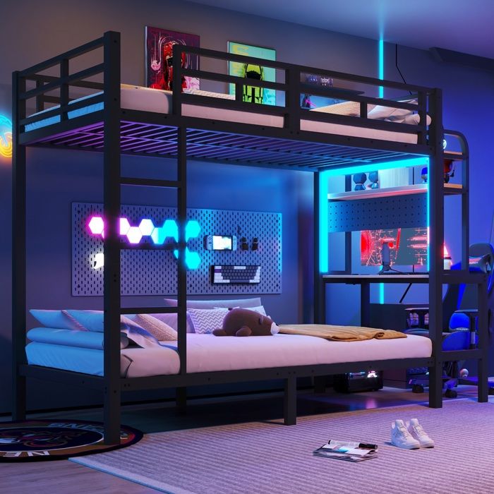 Lit superposé enfant en métal 90×200 cm Lit adolescents Lit simple avec bureau LED ports USB étagère de rangement noir