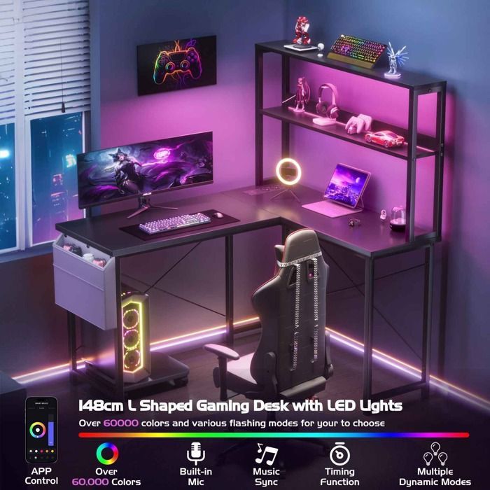 Bureau Gaming en L 135 cm Réversible – LED RGB Multiprise USB/AC Étagères Crochet Bureau dAngle Noir